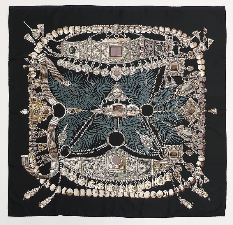 Hermes "Terres Precieuses" silk scarf: Hermes "Terres Precieuses" silk scarf on a black ground. Designed by Annie Faivre in 2002. 36" H x 36" W,