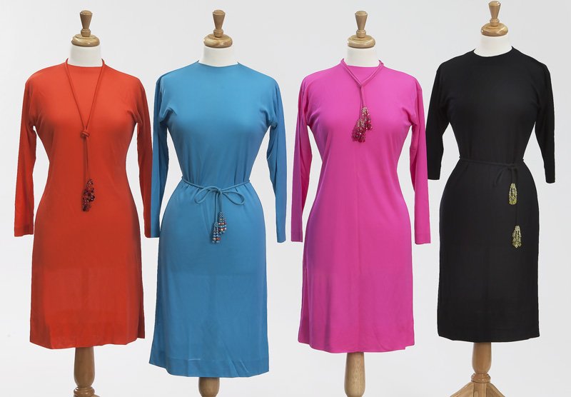 (4) Emilio Pucci jersey silk dresses,: (4) Emilio Pucci jersey silk dresses, in black, neon coral, bright blue, and neon pink. The blue dress measuring 37" L from the shoulder, sleeves 19" L. Tags marked for Emilio Pucci. Circa - 1965.