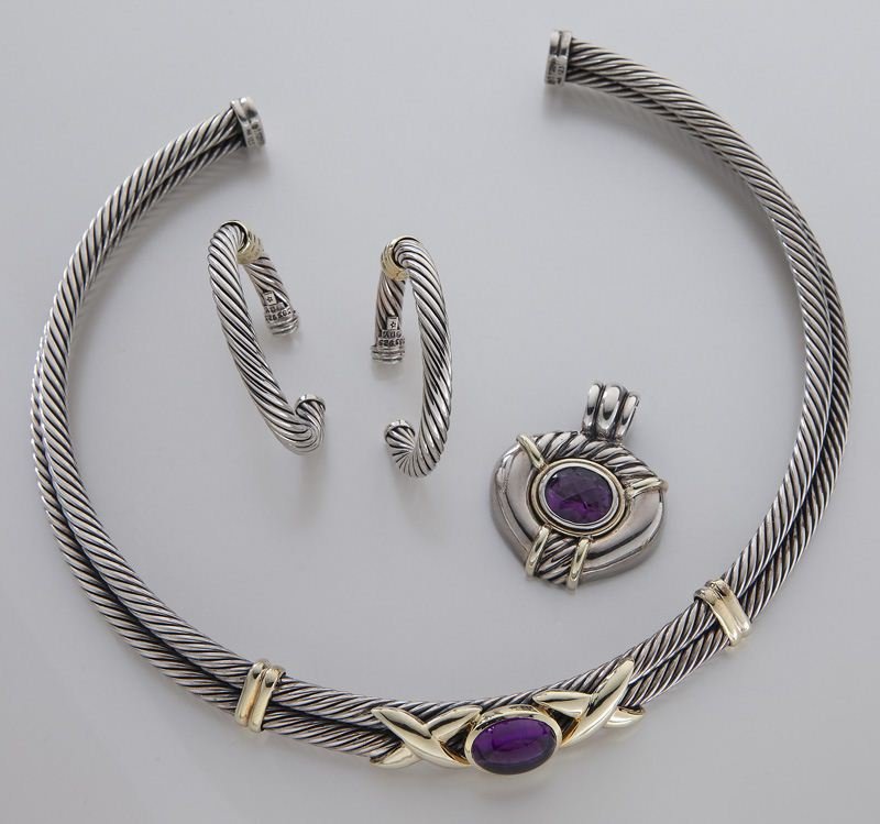 3 pcs. David Yurman 14K gold and sterling silver: 3 pcs. David Yurman 14K gold and sterling silver jewelry including (1) 14K gold, sterling silver and amethyst pendant, (1) 14K gold, sterling silver and amethyst choker, and (1) pair of 14K gold and s