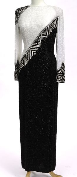 Bob Mackie black and white sequined evening gown: Bob Mackie black and white sequined evening gown a couture design by Mackie for the client through Neiman Marcus; Mackie was so pleased with his creation that he included the dress in a subsequent hol