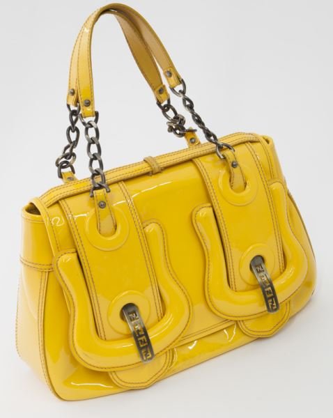 Fendi yellow patent leather hand bag: Fendi yellow patent leather hand bag styled as a satchel with chain and leather shoulder straps, Fendi monogram to silver tone metal hook closures to flap. Tag marked for Fendi to the interior. 8" H x