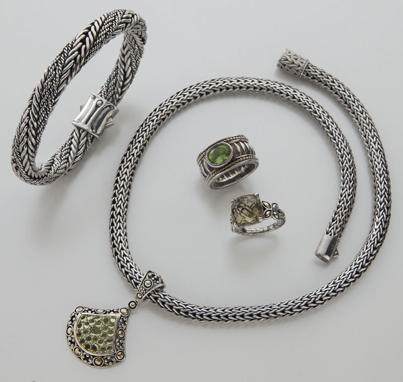 4 pcs. John Hardy 18K gold and sterling jewelry: 4 pcs. John Hardy 18K gold and sterling jewelry including (1) necklace, 17" L, (1) ring, size 6, and (1) bracelet, all marked for Hardy "18K 925", and (1) sterling ring, unmarked. 143 grams. Circa - 2