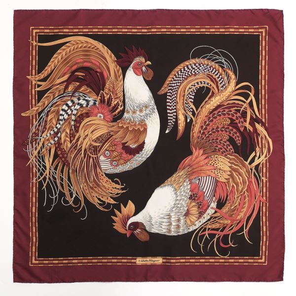 Ferragamo "Chicken" silk scarf: Ferragamo "Chicken" silk scarf on a deep red ground. 36" H x 36" W,