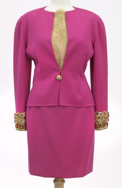 3 pc. Bill Blass magenta skirt suit: 3 pc. Bill Blass magenta skirt suit with elaborate beaded cuffs and gold lace blouse with boat neck and buttoning down the back. Tag marked for Bill Blass, size 8, Circa - 1990's.