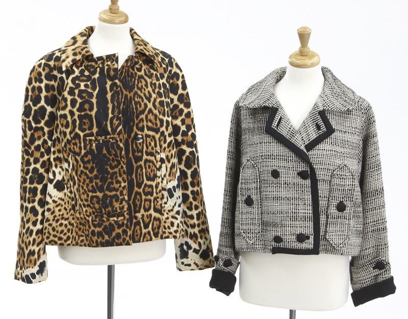 (2) Yves St. Laurent jackets: (2) Yves St. Laurent jackets comprising (1) in tweed styled in a cropped fashion with kick pleat to the back measuring 18.5" L from the collar and the sleeves 22" L each; (1) of leopard printed cotton