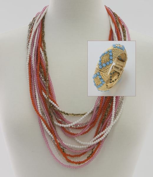 Cadoro beaded necklace and bracelet: Cadoro beaded necklace and bracelet the long necklace of multi strands of colored beads can be worn long, doubled or tripled, the gold tone bracelet with hinge and clasp inlaid with enamel cabochon st