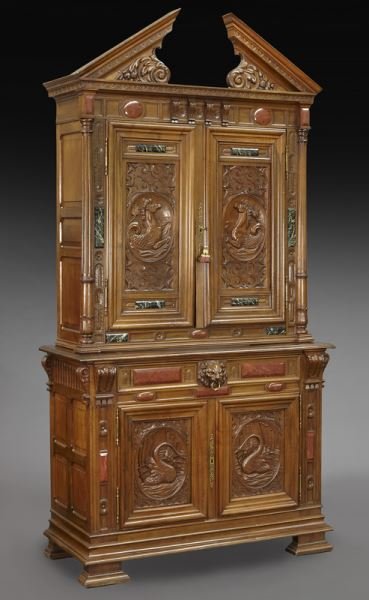 French 19th C. marble inset cabinet: French 19th C. marble inset cabinet surmounted by a broken pediment with columnar supports surrounding two upper doors over drawer with lions mask pull, atop two lower doors revealing a segmented shel