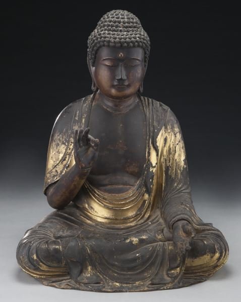 Parcel gilt wood Buddha,: Parcel gilt wood Buddha, hands in Buddhist Mudra. 17.5"H Circa - Late 19th - Early 20th C.