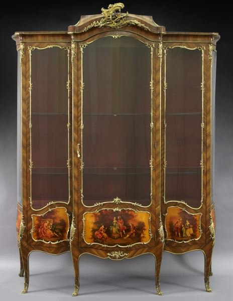 Louis XV style Vernis Martin kingwood vitrine,: Louis XV style Vernis Martin kingwood vitrine, the case of serpentine form having an arched molded stepped cornice with ormolu pierced foliate c-scroll crest over three glazed paneled doors, each with