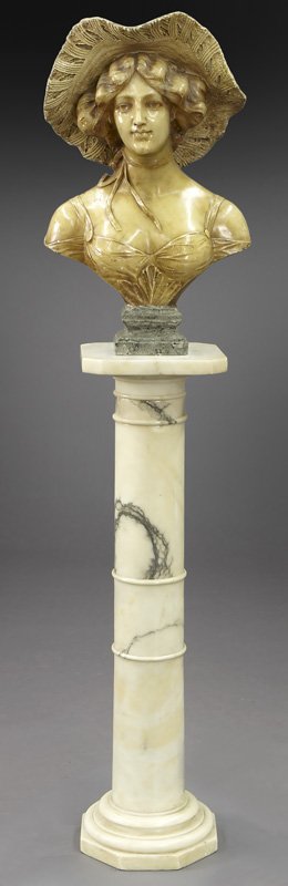 French alabaster bust of a maiden on pedestal.: French alabaster bust of a maiden on pedestal. Pedestal 44"H, bust 27"H. Circa - 19th C.