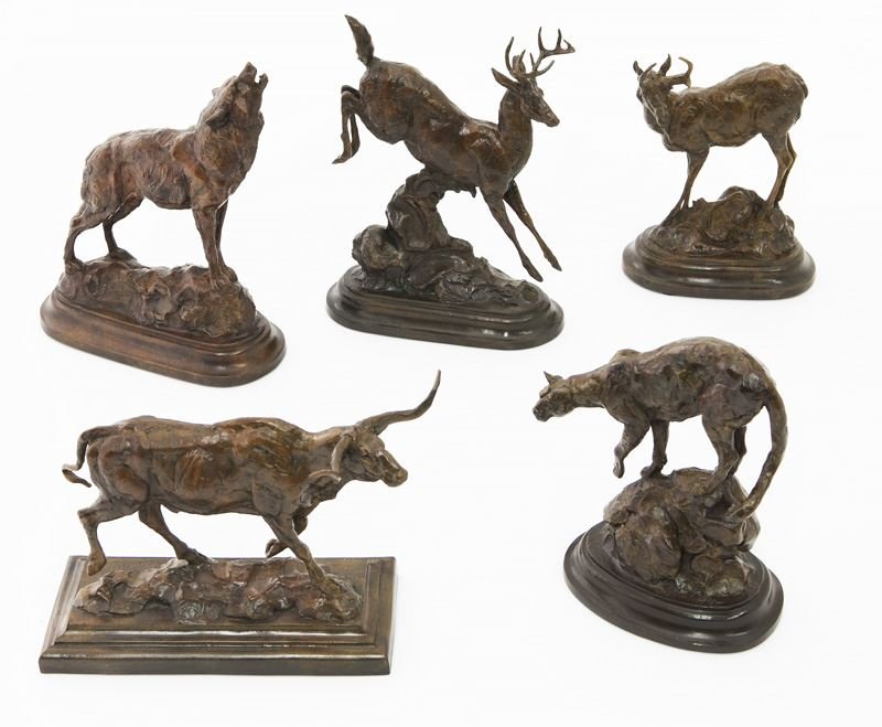 (5) Tim Shinabarger patinated bronze sculptures: (5) Tim Shinabarger patinated bronze sculptures including: a longhorn "On the Move" (132/250), a wolf "Hunter's Moon" (19/150), a puma "On the Prowl" (83/150), a kuda "Cracker Jack" (15/150), and a pr