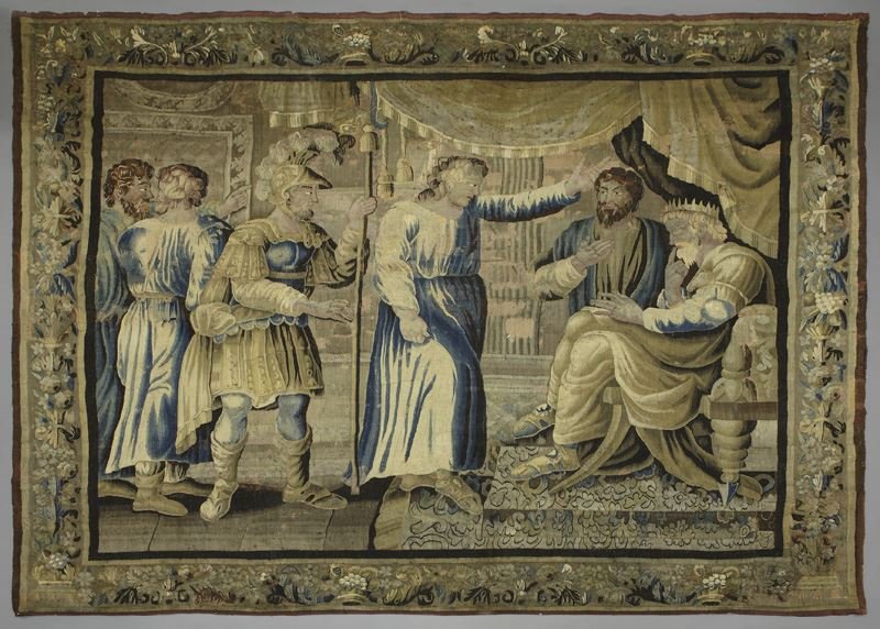 Early 18th C. French Aubusson tapestry: Early 18th C. French Aubusson tapestry depicting a court scene with a floral border. 113"H x 125"W, Circa - First quarter 18th C.