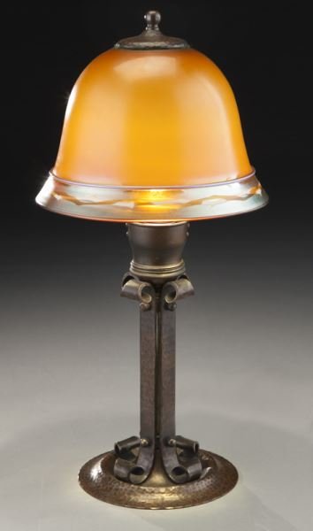 Roycroft and Steuben #914 table lamp: Roycroft and Steuben #914 table lamp the dark brown shade with an Intarsia border on a hammered copper base. 14.5"H, Circa - Early 20th C.