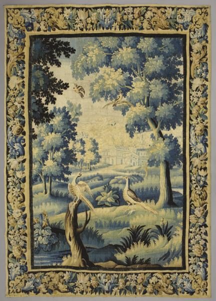 18th C. French Aubusson verdure tapestry: 18th C. French Aubusson verdure tapestry depicting an idyllic scene with trees, rolling hills, birds and a small lake with a castle in the background. 100"H x 75.25"W, Circa - 1780.