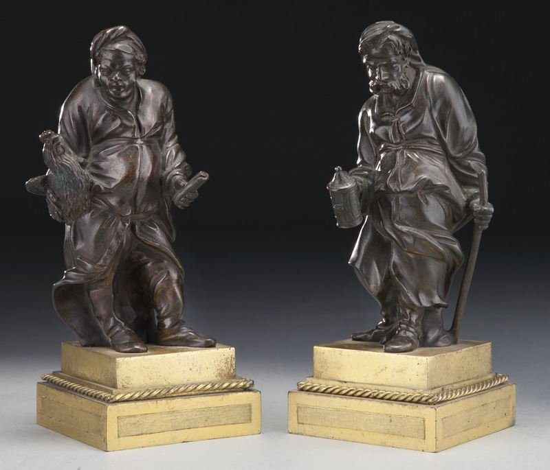 Pr. 18th century antique bronze statues,: Pr. 18th century antique bronze statues, depicting two robed figures, one with hen and scroll, the other with stein and walking stick, on stepped square gilt base. 8"H.