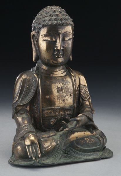 Chinese Ming style gilt bronze Shakyamuni Buddha,: Chinese Ming style gilt bronze Shakyamuni Buddha, hands in Buddhist mudra. 7.75"H,