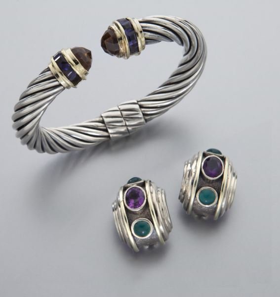 2 Pcs. David Yurman 14K gold, sterling silver: 2 Pcs. David Yurman 14K gold, sterling silver and gemstone jewelry including: (1) cuff bracelet mounted with topaz and iolite together; (1) pair of amethyst and emerald earrings. Stamped, "D Yurman 14
