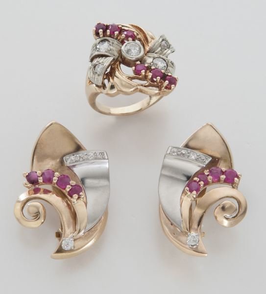 Retro 14K, ruby and diamond ring with earring set: Retro 14K, ruby and diamond ring with earring set in rose and white gold mounted with diamonds and sapphires. Ring stamped, "14K". 25.9 grams. Size 6, Circa - 1950.