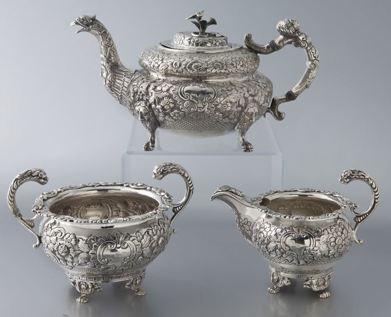 3 Pcs. Irish Regency sterling tea service: 3 Pcs. Irish Regency sterling tea service comprising: (1) sugar bowl and (1) creamer with detached handles marked for James Scott Dublin, date marked 1821; with (1) associated sterling teapot with car