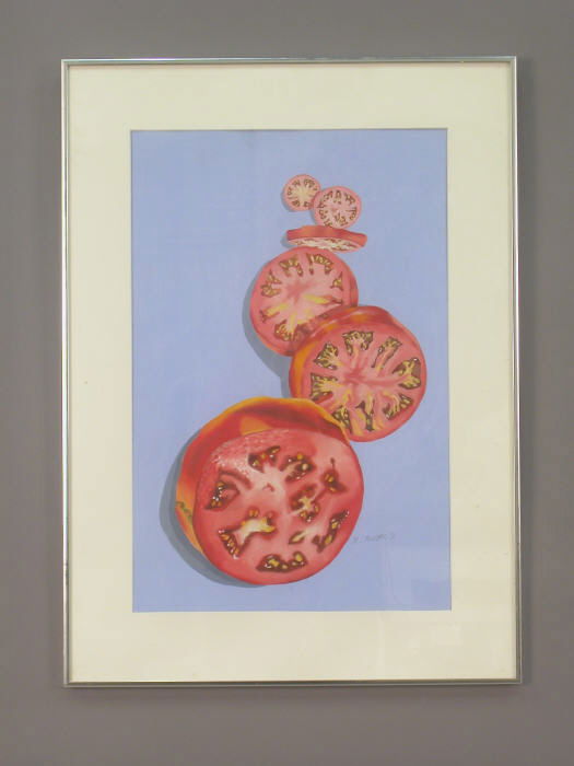 Signed Marjorie Strider (LR) gouache on paper: still life of tomatoes titled "Sliced". Marjorie Virginia Strider was born in 1934 and is best known for her assembled sculptures and botanical abstract depictions. Her work can be seen at the Albrigh