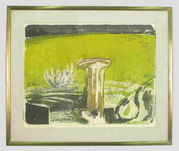 Signed Richard Stout (LR) print titled "Trinity".: Richard Gordon Stout is a local Texas artist who was born in 1934 and is best known for his abstract imagery. Site: 20.75"H x 26.25"W; Frame: 27.625"H x 33.375"W. Circa - 1956.