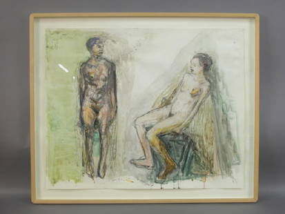 Signed Eugene Newmann (LC) pencil and: watercolor on paper titled "Two sketches from the Figure". Eugene Newmann was born in 1936 and is best known as a New Mexico artist who dealt with non-objective landscapes and figural scenes. Site: