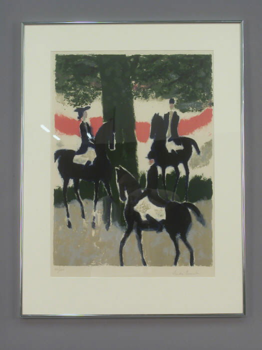 Signed Andre Brasilier (LR) lithograph titled,: "Riders & Sunset". The edition number is 40/100 as noted on the print. Andre Brasilier was born in 1929 in France and spent most of his life traveling around the world. In 1953, he won the Premier Gra
