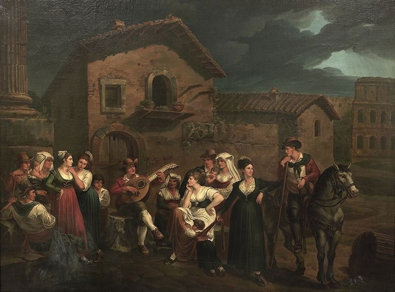 Bartolomeo Pinelli, "Untitled (Musical gathering)": Bartolomeo Pinelli, "Untitled (Musical gathering)" oil on canvas. Canvas: 40"H x 53.625"W; Frame: 45.75"H x 59.625"W. Bartolomeo Pinelli (Italian, 1781-1835). PROVENANCE: From the Collection of the Ad