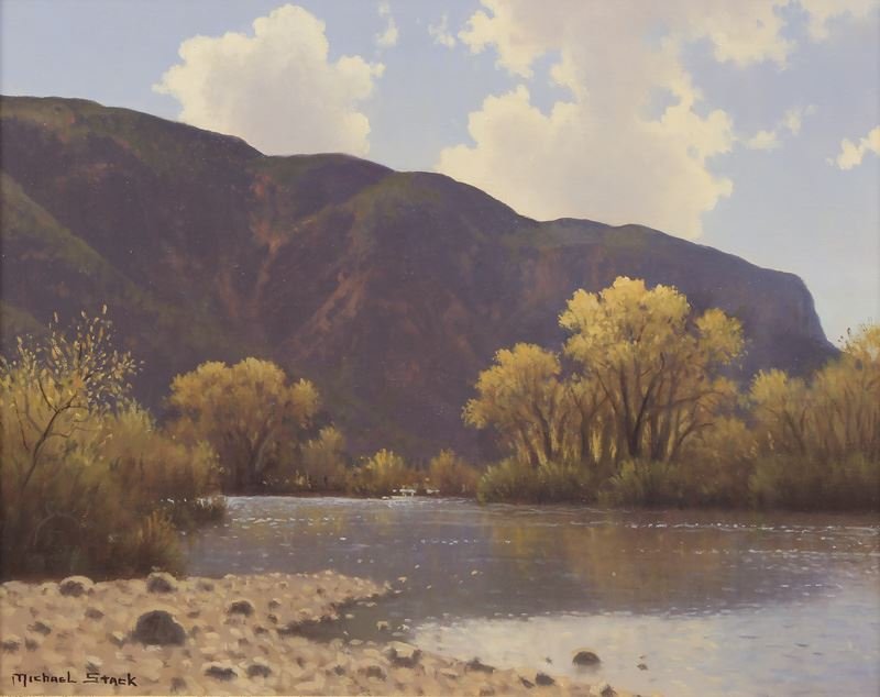 Michael Stack, "Autumn on the Rio Grande" oil on: Michael Stack, "Autumn on the Rio Grande" oil on canvas, 2003. Signed lower left, "Michael Stack". Titled and dated on verso, "Autumn on the Rio Grande © 2003". Canvas: 16"H x 20"W; Frame: 21.5"H x 2