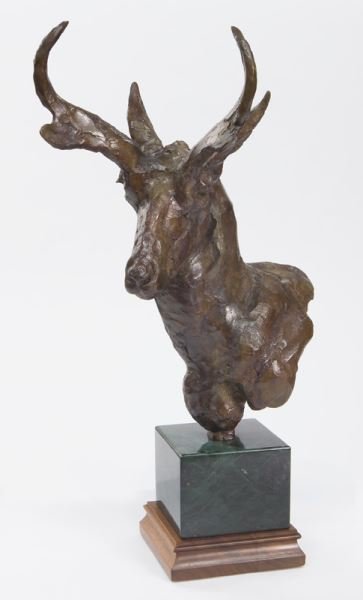 Tim Shinabarger, "Gentleman of the Sage" bronze: Tim Shinabarger, "Gentleman of the Sage" bronze sculpture of a buck atop a green marble support and wood base. Signed and editioned, "© Shinabarger 29/40". 18.75"H x 10"W 12"D. NOTE: This is a sold o