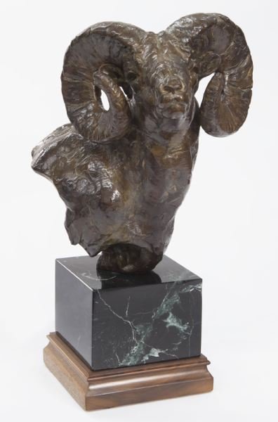 Tim Shinabarger, "Full Curl" bronze sculpture: Tim Shinabarger, "Full Curl" bronze sculpture of a ram's bust on a green marble plinth atop a wood base, 2002. Signed, dated, and editioned, "Shinabarger 02 2/36 ©". 16.5"H x 10.5"W x 11"D. NOTE: Thi