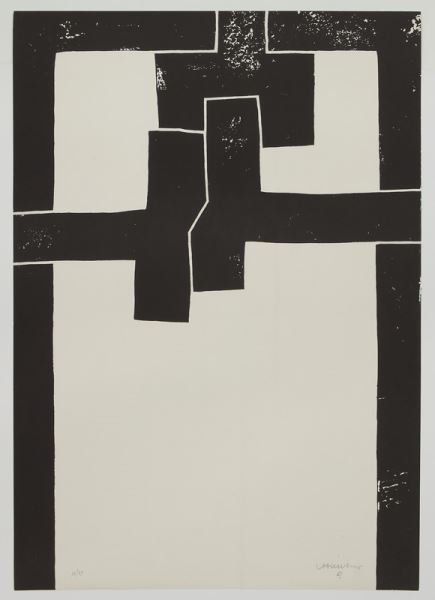 Eduardo Chillida, "Barcelona I" color lithograph: Eduardo Chillida, "Barcelona I" color lithograph on Guarro paper, 1971. Signed in pencil lower right, "Chillida" and numbered in pencil lower left, "12/75". Sheet: 28.125"H x 19.625"W. LITERATURE: Koe