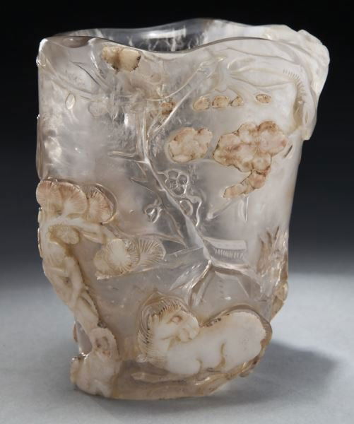 Chinese Qing carved quartz crystal brush pot, (1 of 7)