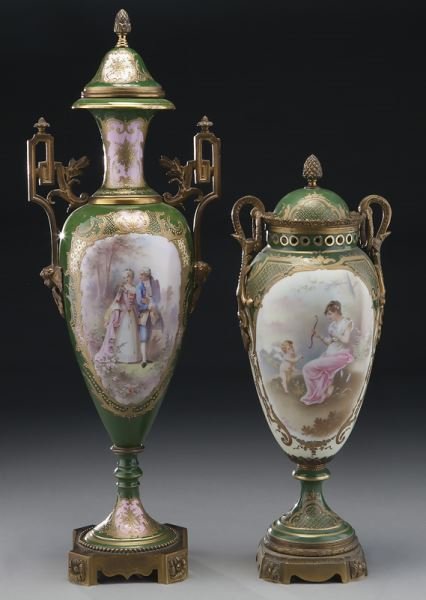 (2) Sevres style urns with gilt metal mounts, (1 of 10)