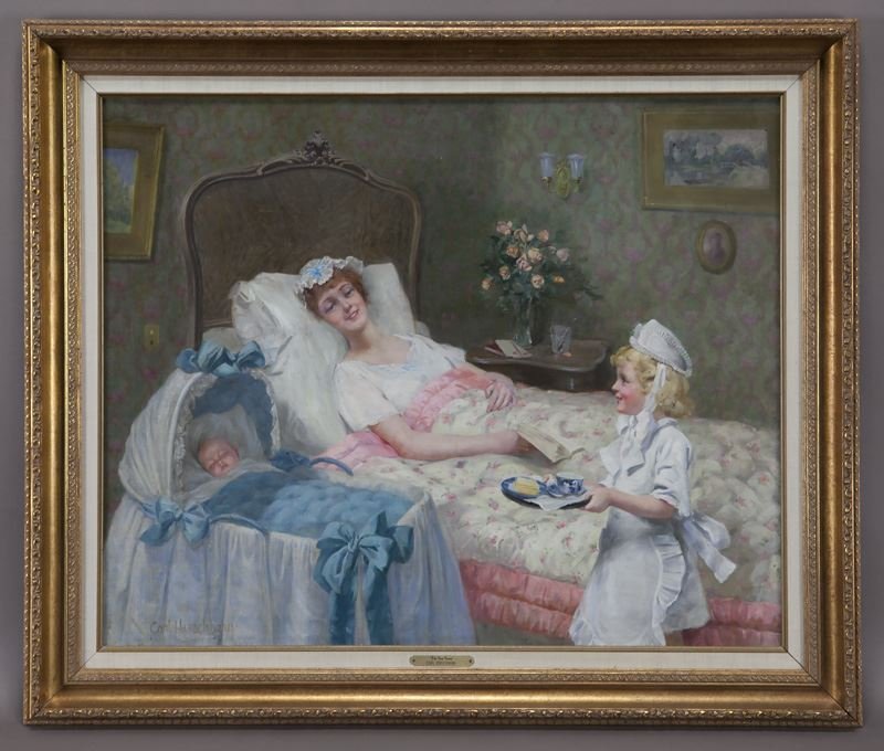 Carl Hirschberg, "New Nurse" oil on canvas.: Carl Hirschberg, "New Nurse" oil on canvas. Signed lower left, "Carl Hirschberg". Canvas: 26.25"H x 32"W; Frame: 32.75"H x 38"W Carl Hirschberg (American, 1854-1923). Circa - Early 20th C.