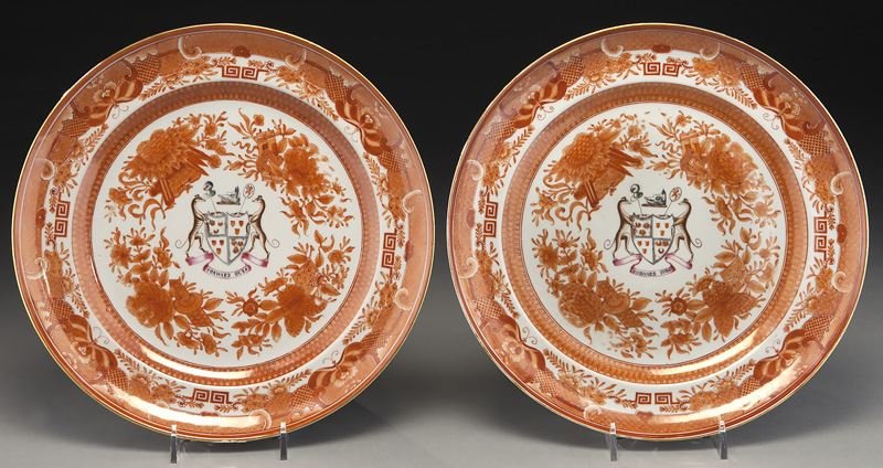 Pr. Chinese export orange Fitzhugh armorial plates (1 of 5)