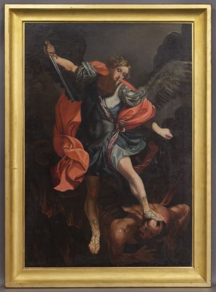 After Guido Reni, "Michael Tramples Satan" oil: After Guido Reni, "Michael Tramples Satan" oil on canvas. Sight: 68.5"H x 46.5"W; Frame: 78.25"H x 57"W. NOTE: The original work (c.1636) after which this piece was styled is displayed in Santa Maria 