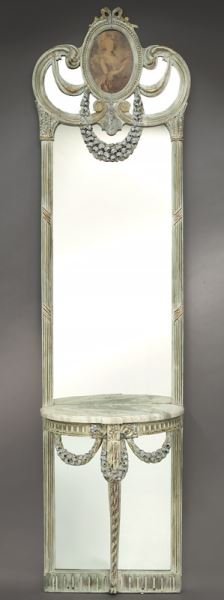 Carved pier mirror and attached marble top console (1 of 4)