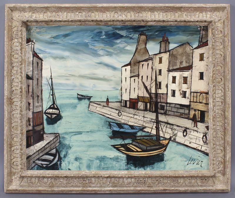 Charles Levier, "Boats in a Canal" oil on canvas. (1 of 6)