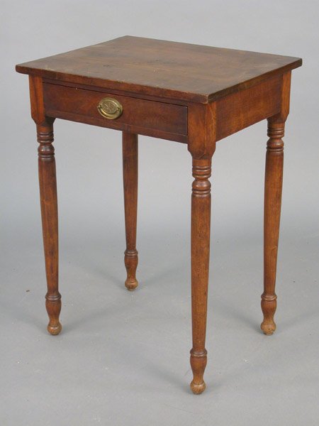 Single drawer side table with brass pull,: Single drawer side table with brass pull, on turned legs - 29.5"h x 21"w x 17.5"d $300-500