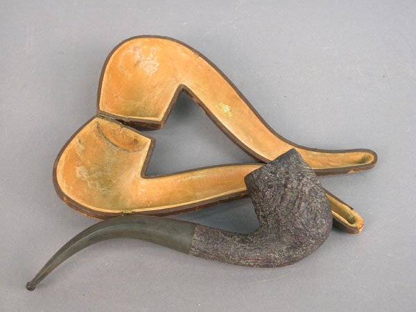 Large smoking pipe, with custom lined l: Large smoking pipe, with custom lined leather case "Shell Briar", patent number of 119708/174 on bottom - 9"l $150-250