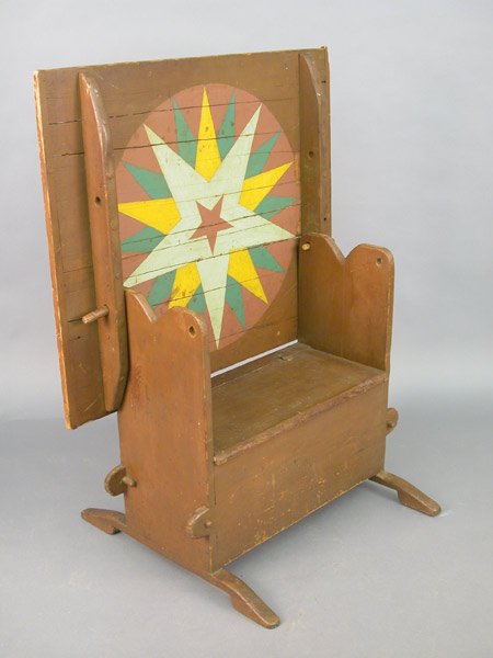 Hex Hutch Table - Pennsylvania Dutch/Ger: Hex Hutch Table - Pennsylvania Dutch/German hutch table with original red stain and a hex symbol painted on the table bottom which is exposed when raised. Storage well beneath lift top lid, solid pine