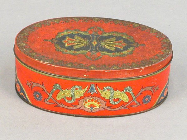 Tole themed oval shaped tin with lid, ba
