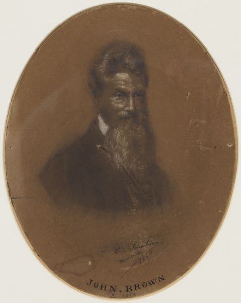 Jules Emile Saintin, "Portrait of John Brown": Jules Emile Saintin, "Portrait of John Brown" graphite and gouache on card, 1859. Inscribed beneath image, "J. E. Saintin / New York / 1859 / John . Brown / 1859". Paper: 6"H x 4.75"W; Frame: 11.5"H x
