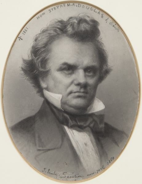 Jules Emile Saintin, "Portrait of Stephen A.: Jules Emile Saintin, "Portrait of Stephen A. Douglas" graphite and gouache on card, 1860. Inscribed along top and bottom edges of oval paper, "1861 Hon. Stephen . A . Douglas of Illinois / J. Emile Sa