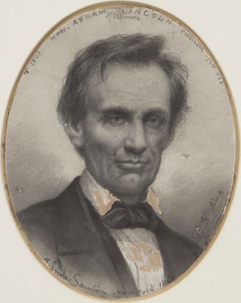 Jules Emile Saintin, "Portrait of Abraham Lincoln": Jules Emile Saintin, "Portrait of Abraham Lincoln" graphite and gouache on card, 1860. Inscribed along top and bottom edges of oval paper, "1860 Hon. Abraham Lincoln of Illinois President of the US /