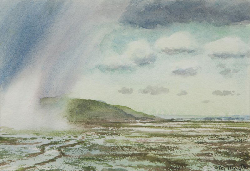 Peter Hurd, "A Rainy Day" watercolor on paper.: Peter Hurd, "A Rainy Day" watercolor on paper. Signed lower right, "Peter Hurd". Titled on verso, "A Rainy Day". Sight: 6.875"H x 10"W; Frame: 14.375"W x 17W. PROVENANCE: Baker Gallery of Fine Art, Lu