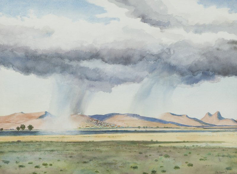 Peter Hurd, "Vista de la Ferreteria de Flores Dye": Peter Hurd, "Vista de la Ferreteria de Flores Dye" watercolor on paper. Signed and titled lower right, "Peter Hurd / Vista de la Ferreteria de Flores Dye". Sight: 21.675"H x 29.5"W; Frame: 30.75"W x 3