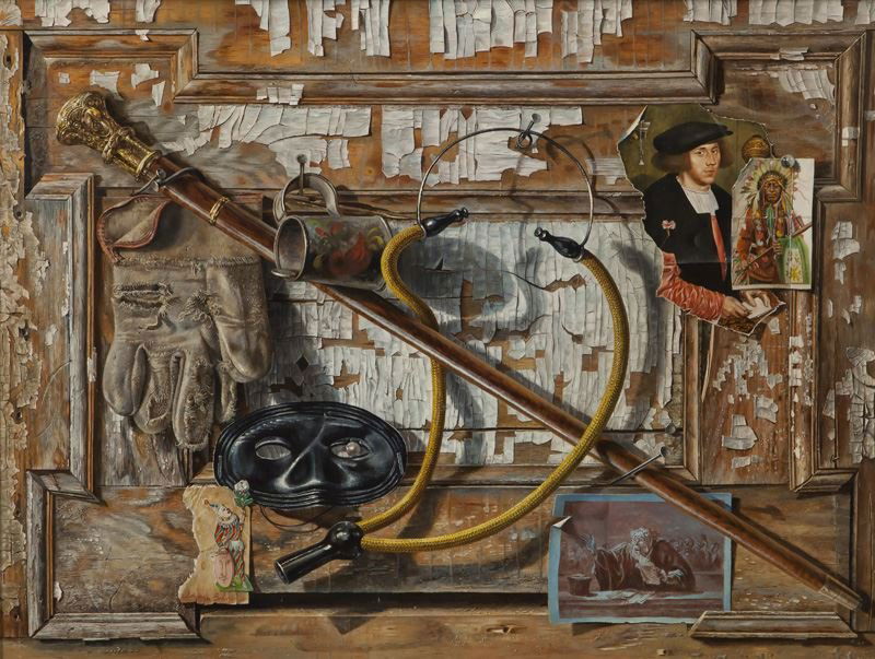 Aaron Bohrod, "Every Man" oil on board, 1960.: Aaron Bohrod, "Every Man" oil on board, 1960. Signed lower left, "Aaron Bohrod". Board: 24"H x 32"W; Frame: 35.25"H x 43"W. PROVENANCE: Dr. and Mrs. Louis H. Barnett, Fort Worth, Texas. Thence by desc