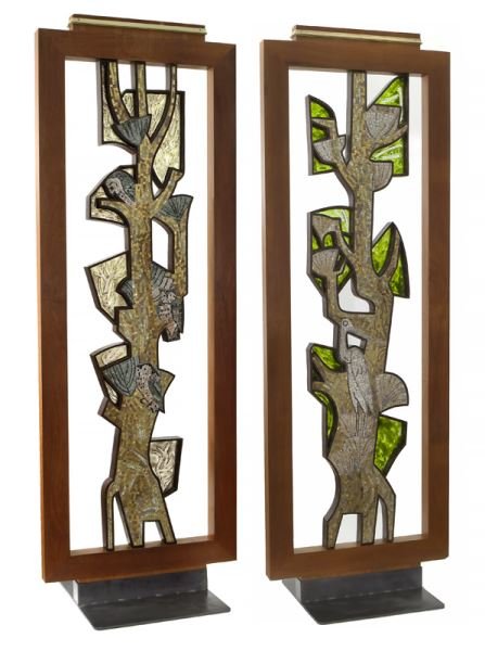 Pr. Millard Sheets, Octavio Medellin: Pr. Millard Sheets, Octavio Medellin freestanding double-sided mosaic sculptures depicting owls and egrets perched in trees, ca. 1950 - 1954. Handcrafted Murano tiles with gold and platinum tiles with